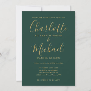 Invitación de boda en guión de oro verde esmeralda