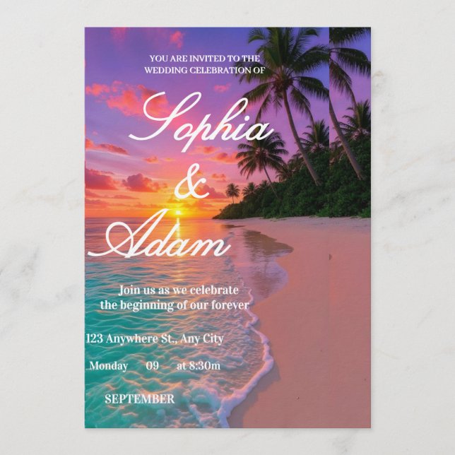 Invitación de boda en la playa al atardecer (Anverso)