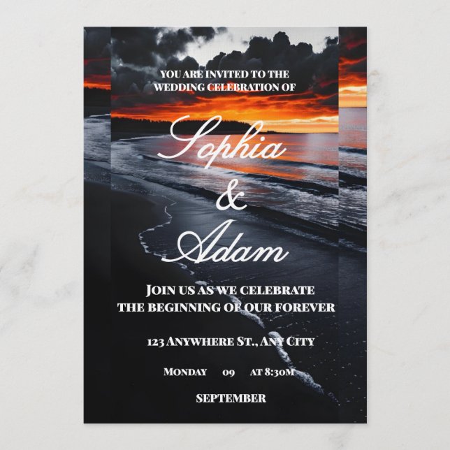 Invitación de boda en la playa al atardecer (Anverso)