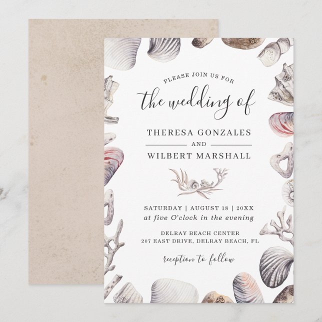 Invitación de boda en la playa con acuarela de con (Anverso / Reverso)