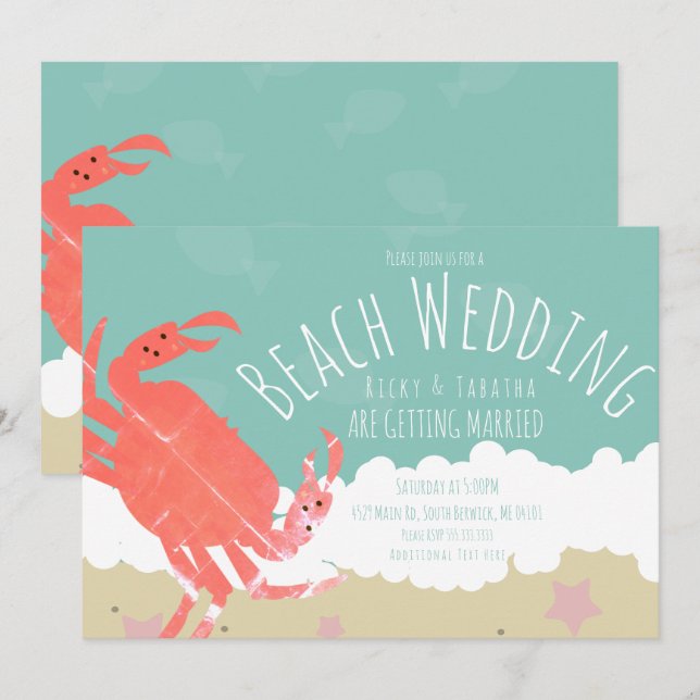 Invitación de boda en la playa con cangrejo y olas (Anverso / Reverso)