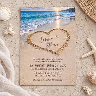 Invitación de Boda en la Playa con Corazón en la A