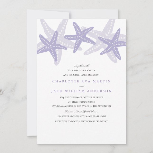 Invitación de boda en la playa con estrella de mar (Anverso)