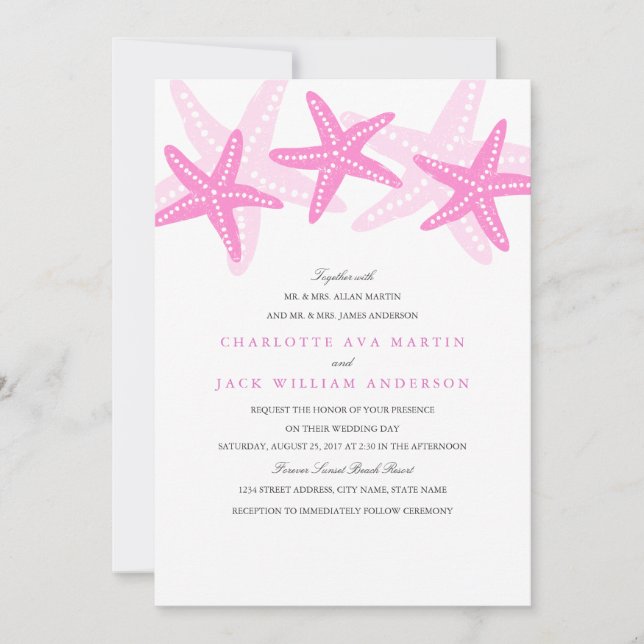Invitación de boda en la playa con estrella de mar (Anverso)