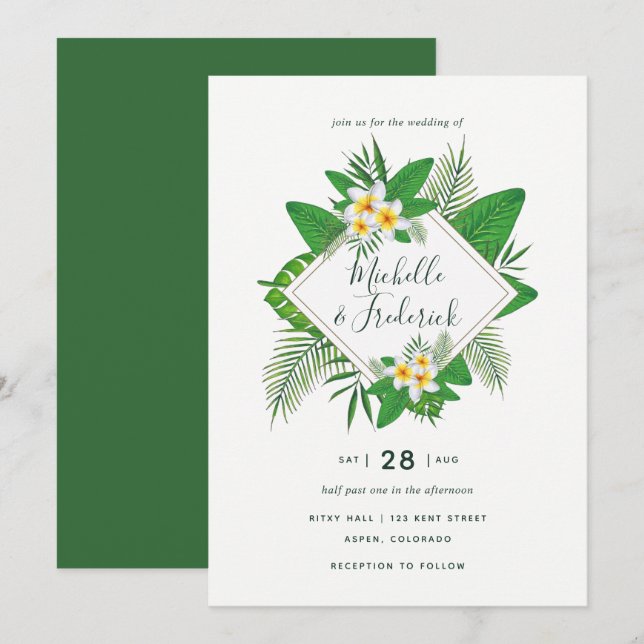 Invitación de boda en la playa con follaje tropica (Anverso / Reverso)
