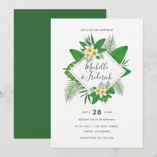 Invitación de boda en la playa con follaje tropica