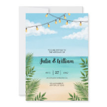 Invitación de boda en la playa con luces de cuerda