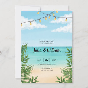 Invitación de boda en la playa con luces de cuerda