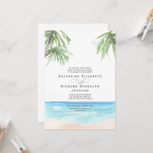 Invitación de boda en la playa con palmeras tropic