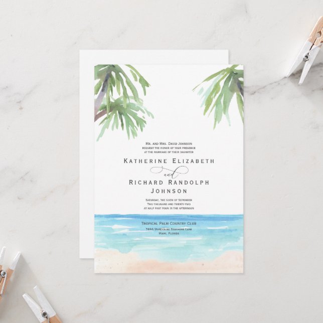 Invitación de boda en la playa con palmeras tropic (Anverso/Reverso In Situ)