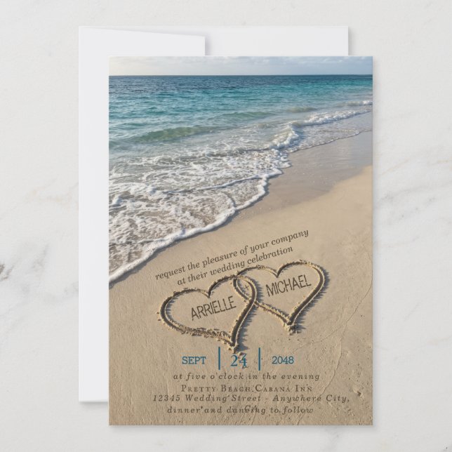 Invitación de Boda en la Playa Costera Corazón en  (Anverso)