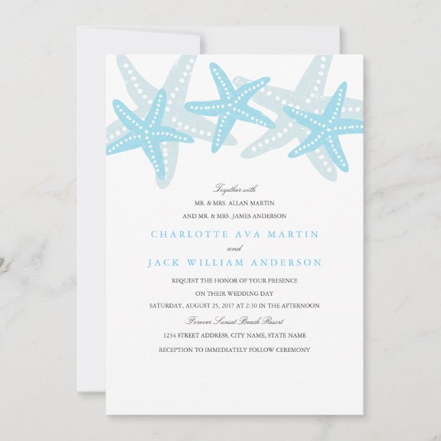 Invitación de boda en la playa de estrellas de mar (Anverso)