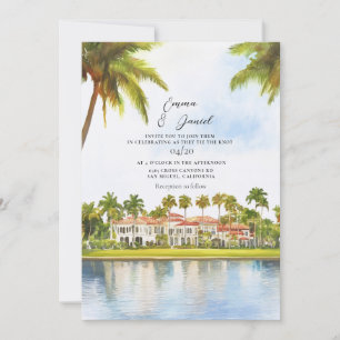 Invitación de boda en la playa de palmeras tropica
