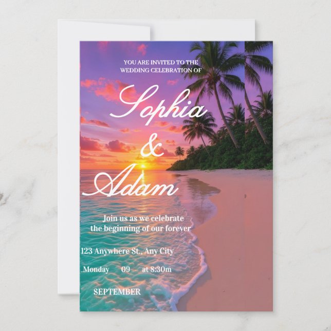 Invitación de Boda en la Playa del Atardecer (Anverso)
