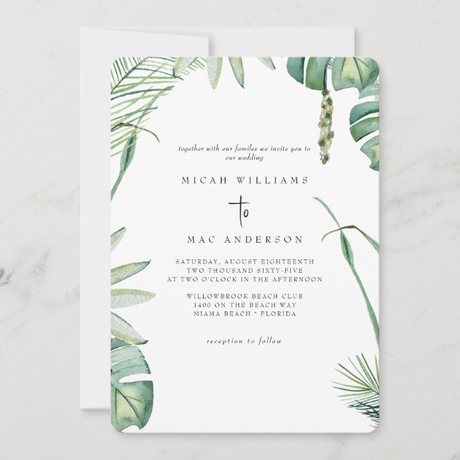 Invitación de boda en la playa tropical sin padres (Anverso)