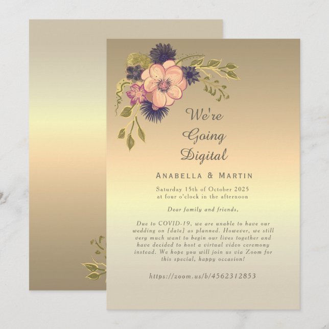 Invitación de boda en línea de oro rosa floral (Anverso / Reverso)