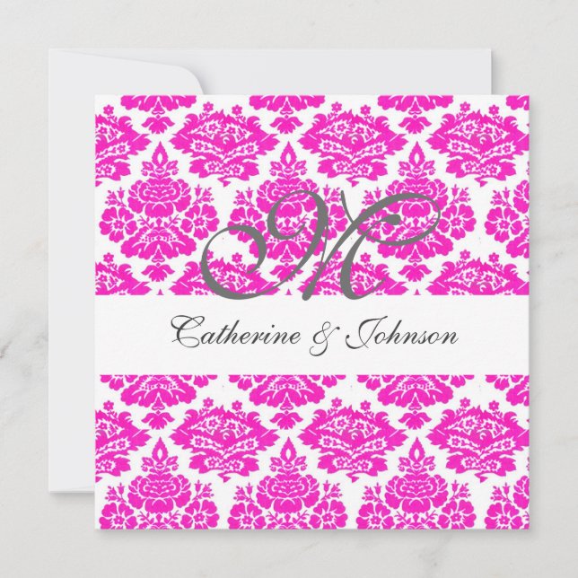 invitación de boda en monograma de damasco rosa, a (Anverso)