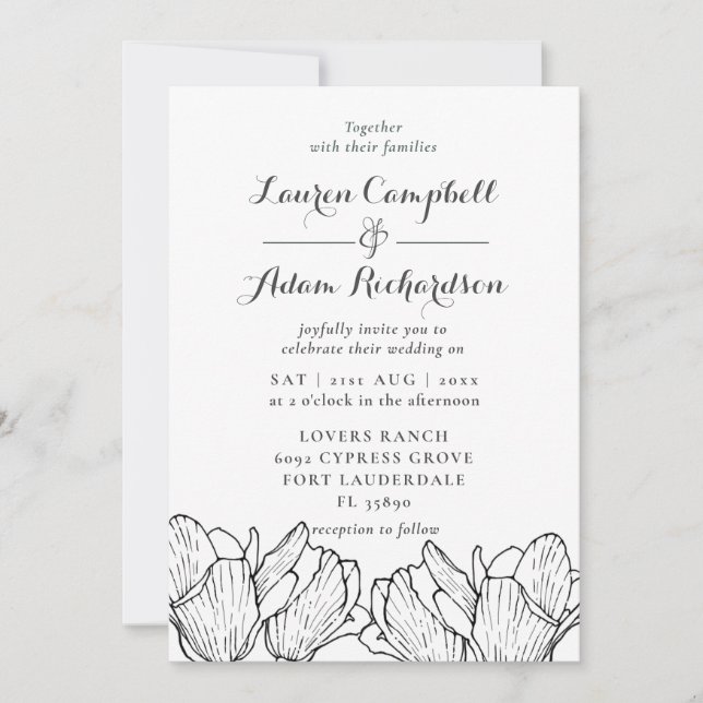 Invitación de boda en negro y blanco con flores mo (Anverso)