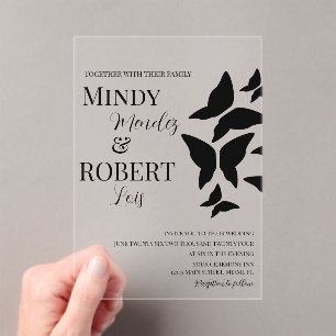 Invitación de boda en negro y blanco con mariposas