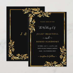 Invitación de boda en negro y oro con información 