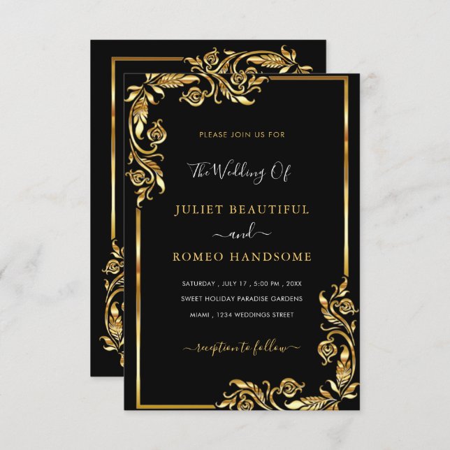 Invitación de boda en negro y oro con información  (Anverso / Reverso)