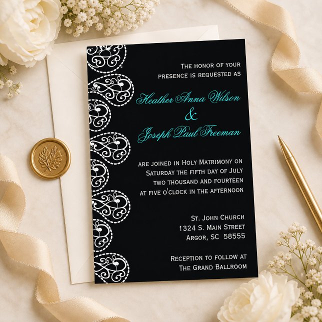 Invitación de Boda en Negro y Paisley Blanco (Paisley Black and White Wedding Invitation)