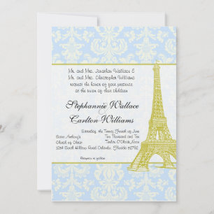Invitación de boda en París por damasco azul
