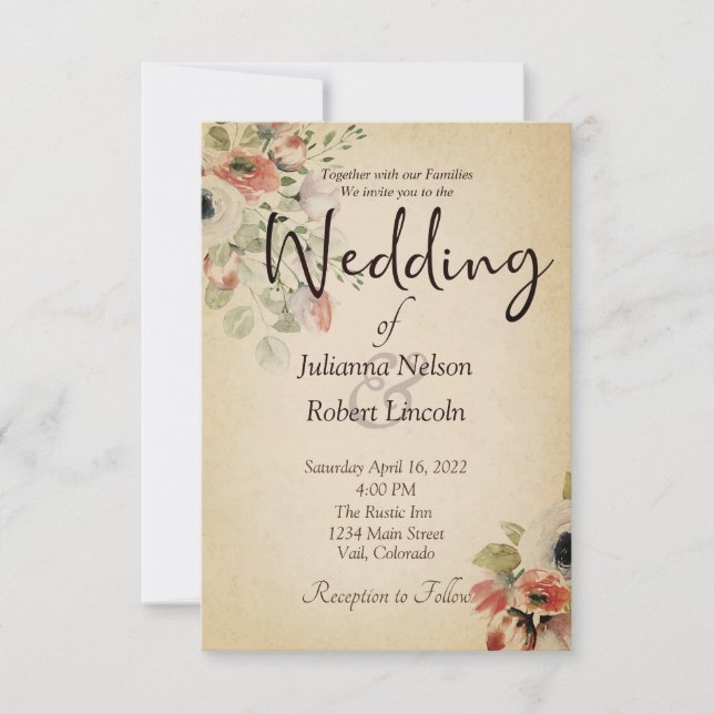 Invitación de boda en pergamino con flores rosa in (Anverso)