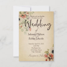 Invitación de boda en pergamino con flores rosa in