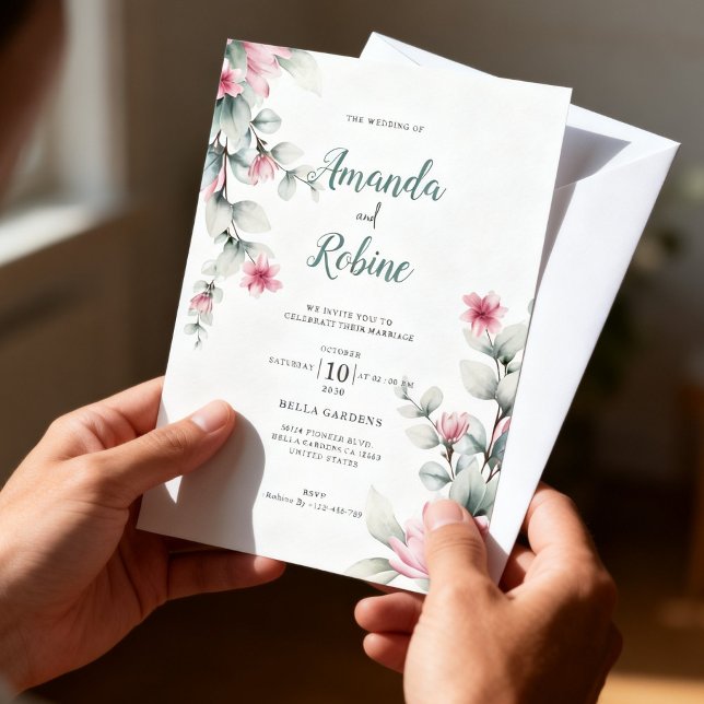 Invitación de boda en rosa y verde salvia (Subido por el creador)