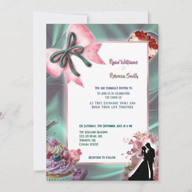 Invitación de Boda en Seda Turquesa y Lazo Rosa (Anverso)