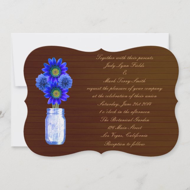 Invitación de boda en tarro de mason azul rústico  (Anverso)