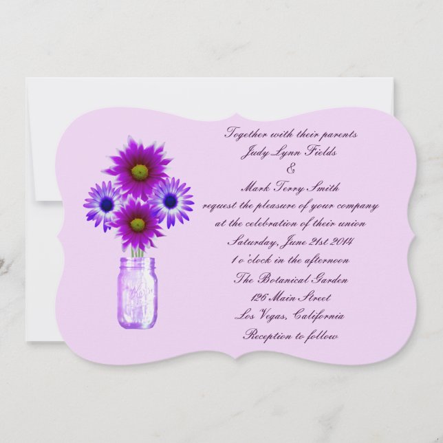 Invitación de boda en tarro de mason con flores pú (Anverso)