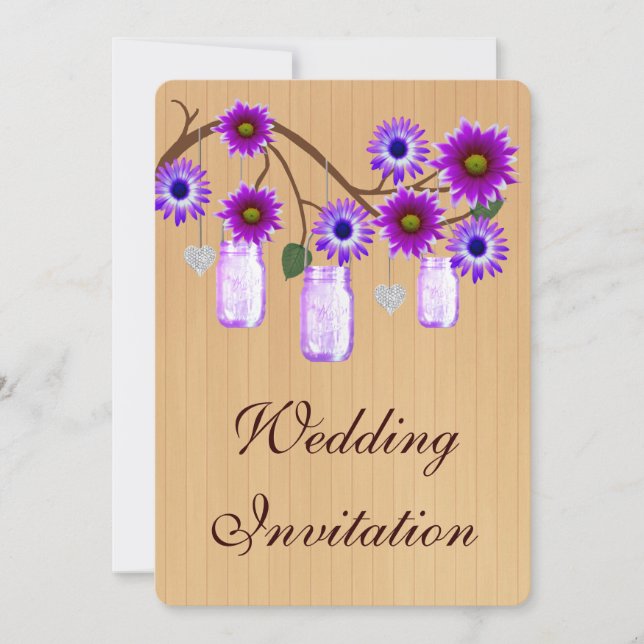 Invitación de boda en tarro de mason morado rústic (Anverso)