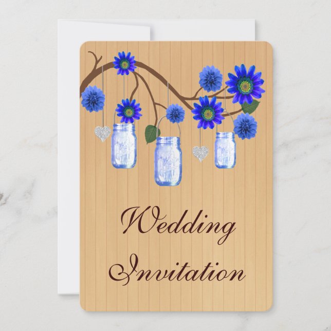 Invitación de boda en tarros mason azul rústico de (Anverso)