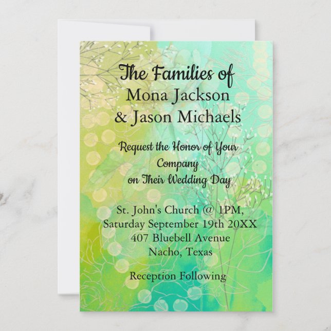 Invitación de boda en verde de diseño (Anverso)