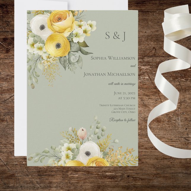 Invitación de boda en verde salvia con flores dora (Subido por el creador)