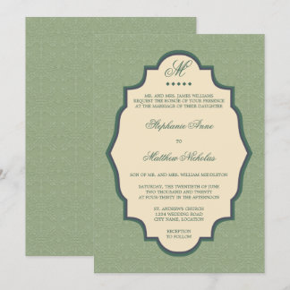 Invitación de boda en verde salvia con monograma d