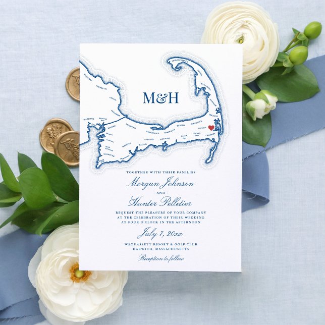 Invitación de Boda en Wequassett Resort | Cape Cod (Elegant Wequassett Resort and Golf Club wedding invitation featuring a map of Cape Cod)