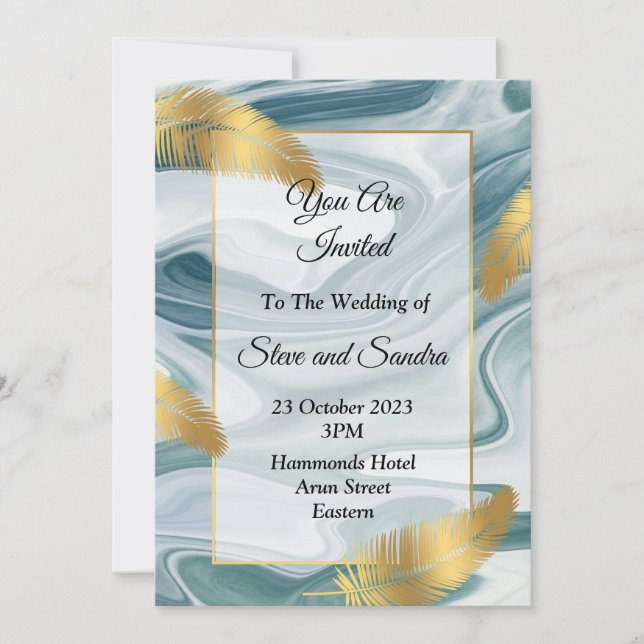 Invitación de boda encantadora, azul marmoleado (Anverso)