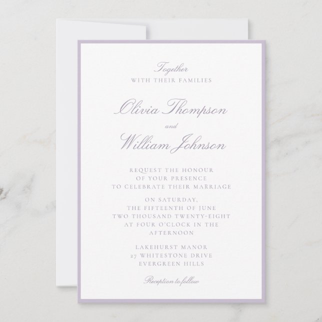 Invitación de boda enmarcada de lavanda (Anverso)