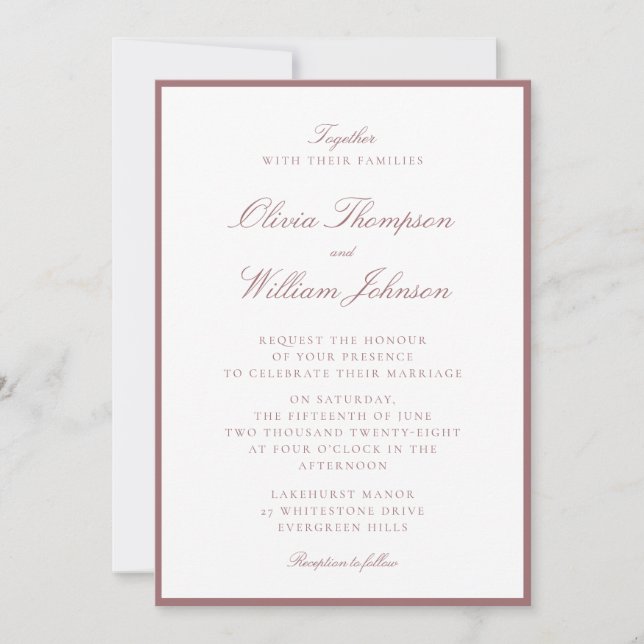 Invitación de boda enmarcada en rosa polvoriento (Anverso)