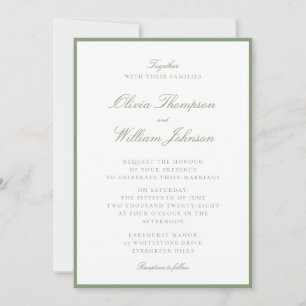 Invitación de boda enmarcada en verde musgo