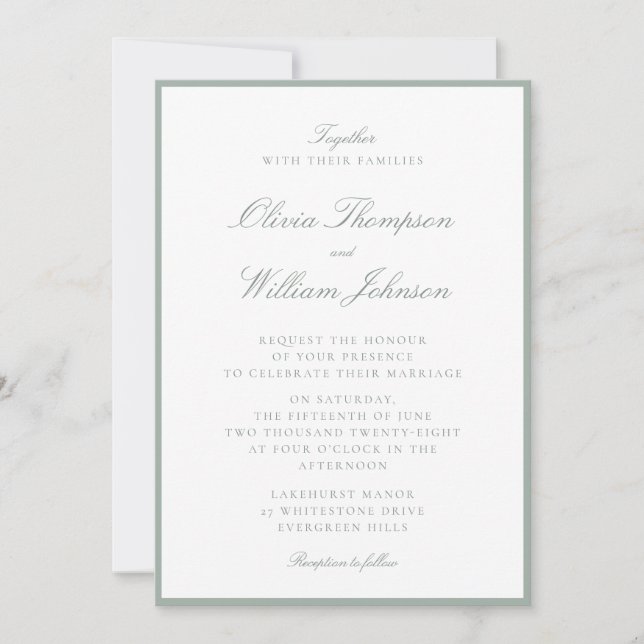 Invitación de boda enmarcada en verde salvia (Anverso)
