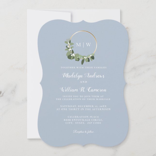 Invitación de Boda Escalonada Azul Monograma de In (Anverso)