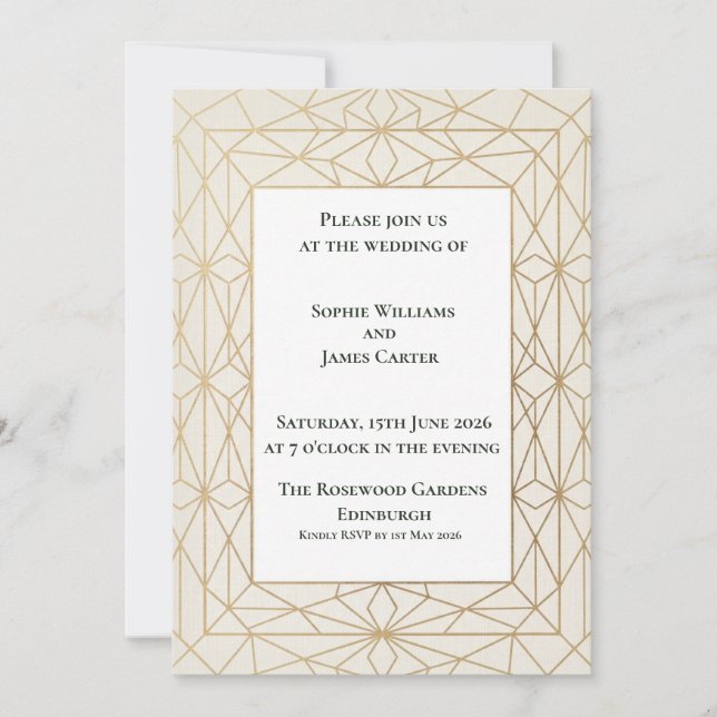 Invitación de boda escocesa Art Deco dorada (Anverso)