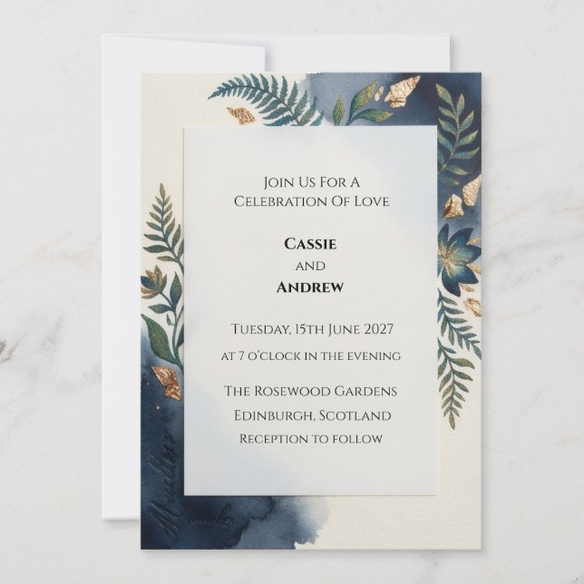 Invitación de boda escocesa azul elegante (Anverso)
