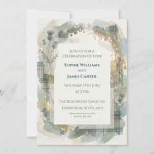 Invitación de boda escocesa Blue Tartan Thistle