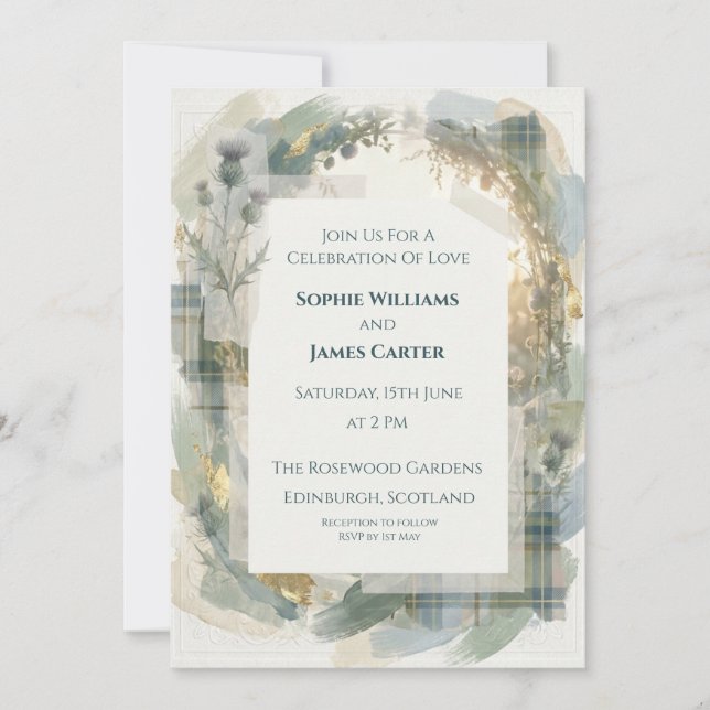 Invitación de boda escocesa Blue Tartan Thistle (Anverso)