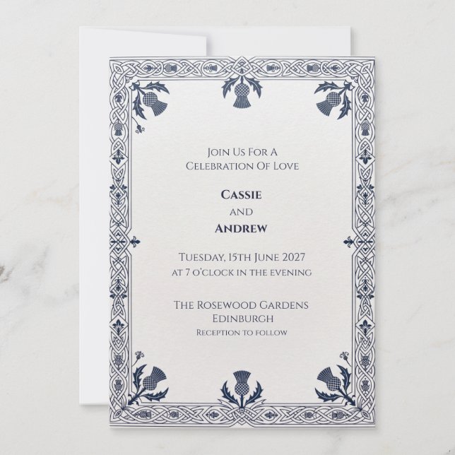 Invitación de Boda Escocesa Blue Thistle Corner (Anverso)